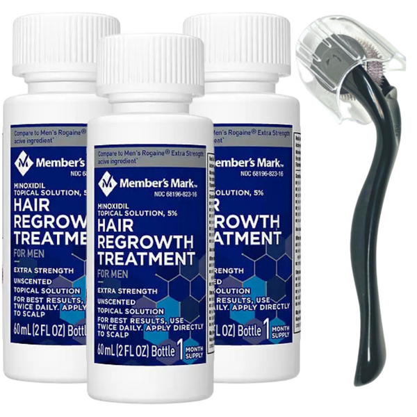 Minoxidil Member's Mark 5%, 3 Luni Aplicare , Dermaroller Cu Capac Protector, Tratament Pentru Barba / Scalp