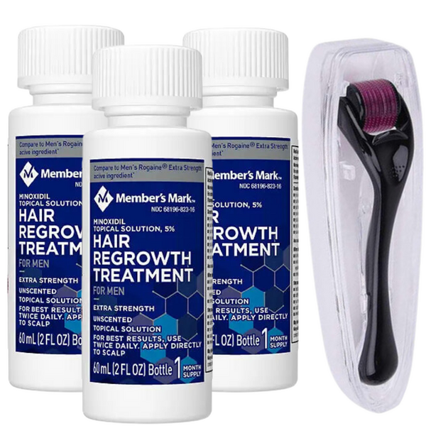Minoxidil Member's Mark 5%, 3 Luni Aplicare ,Dermaroller Cu Carcasa Protectoare, Tratament Pentru Barba / Scalp