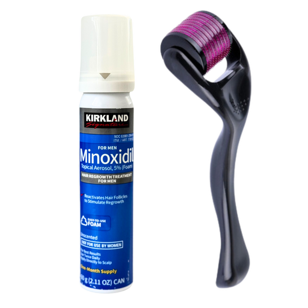 Spuma Minoxidil Kirkland 5% + Dermaroller, 540 ace din titan, Tratament Pentru Barba / Scalp