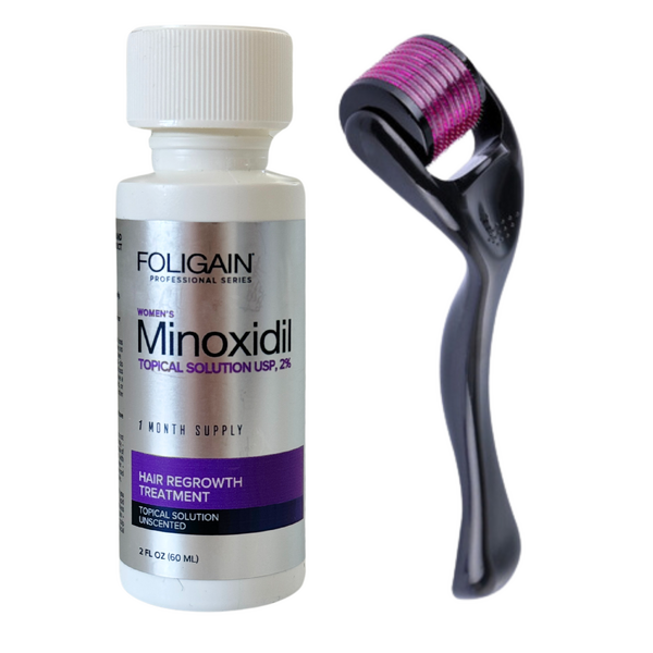 Minoxidil Foligain 2% + Dermaroller, Pentru Femei, 1 Luna Aplicare, Tratament Impotriva Caderii Parului, Pipeta Inclusa
