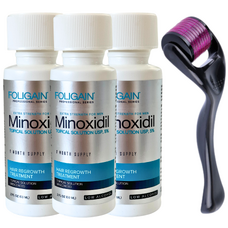 Minoxidil Foligain 5%, 3 Luni Aplicare, Cantitate de Alcool redusa +Dermaroller, Tratament Pentru Barba / Scalp