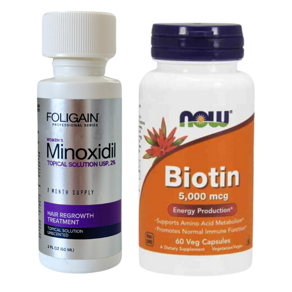 Minoxidil Foligain 2%, Pentru Femei, 1 Luna Aplicare, Now Biotin 5000 mcg, 60 capsule, Tratament Impotriva Caderii Parului La Femei