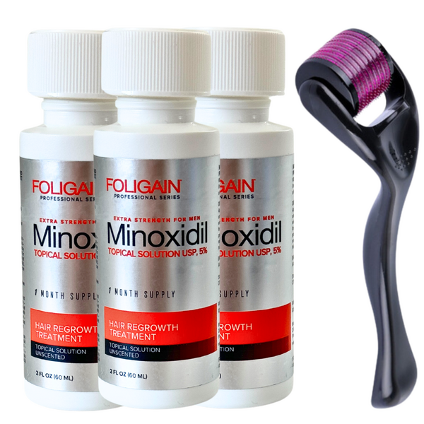 Minoxidil Foligain 5%, 3 Luni Aplicare +Dermaroller, Tratament Pentru Barba / Scalp