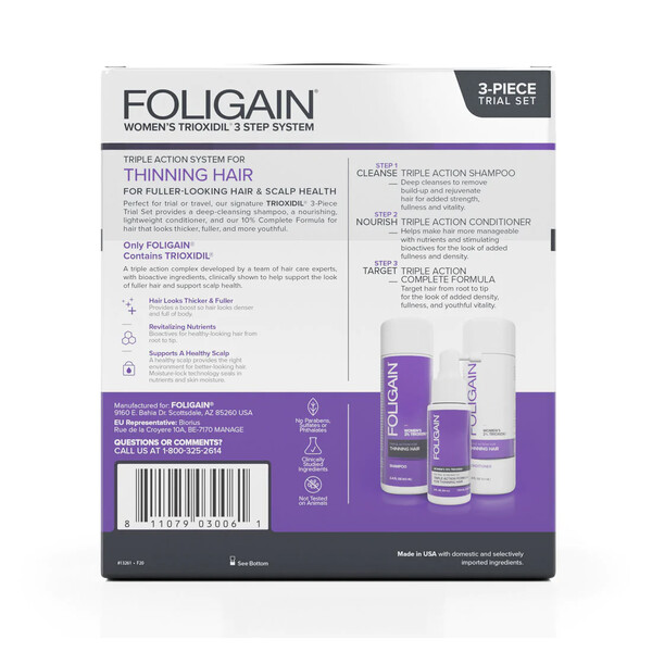 Foligain set tripla actiune, tratament impotriva caderii parului la femei, Sampon 2% Trioxidil, Balsam 2% Trioxidil, Lotiune 10% Trioxidil