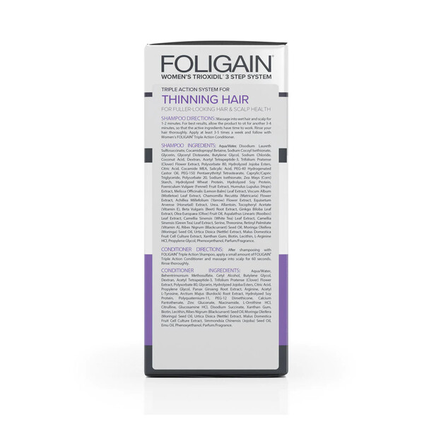Foligain set tripla actiune, tratament impotriva caderii parului la femei, Sampon 2% Trioxidil, Balsam 2% Trioxidil, Lotiune 10% Trioxidil
