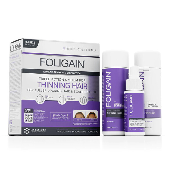 Foligain set tripla actiune, tratament impotriva caderii parului la femei, Sampon 2% Trioxidil, Balsam 2% Trioxidil, Lotiune 10% Trioxidil