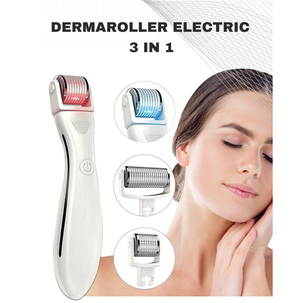 Dermaroller pentru mezoterapie cu lumina LED/pentru cresterea barbii si a parului, 540 ace, cu 3 capete inlocuibile