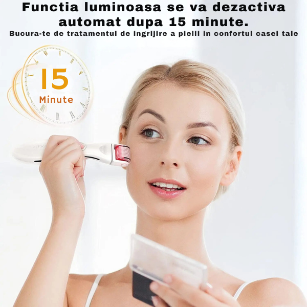 Dermaroller pentru mezoterapie cu lumina LED/pentru cresterea barbii si a parului, 540 ace, cu 3 capete inlocuibile
