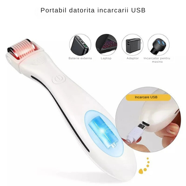 Dermaroller pentru mezoterapie cu lumina LED/pentru cresterea barbii si a parului, 540 ace, cu 3 capete inlocuibile
