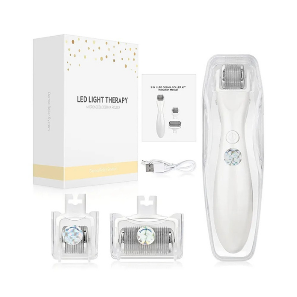 Dermaroller pentru mezoterapie cu lumina LED/pentru cresterea barbii si a parului, 540 ace, cu 3 capete inlocuibile