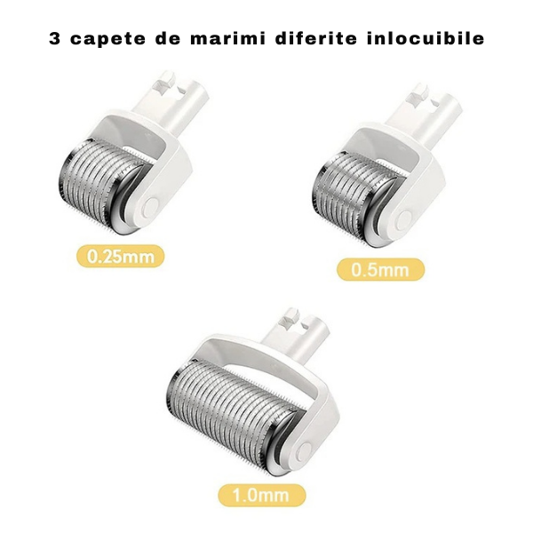 Dermaroller pentru mezoterapie cu lumina LED/pentru cresterea barbii si a parului, 540 ace, cu 3 capete inlocuibile