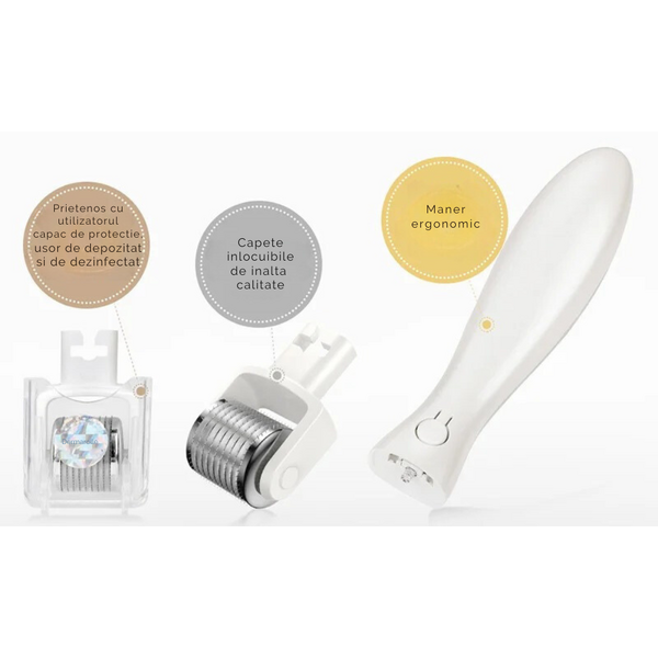 Dermaroller pentru mezoterapie cu lumina LED/pentru cresterea barbii si a parului, 540 ace, cu 3 capete inlocuibile