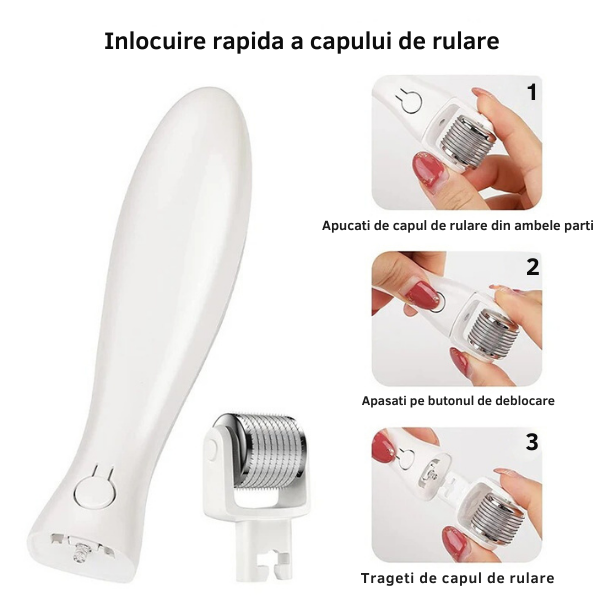 Dermaroller pentru mezoterapie cu lumina LED/pentru cresterea barbii si a parului, 540 ace, cu 3 capete inlocuibile