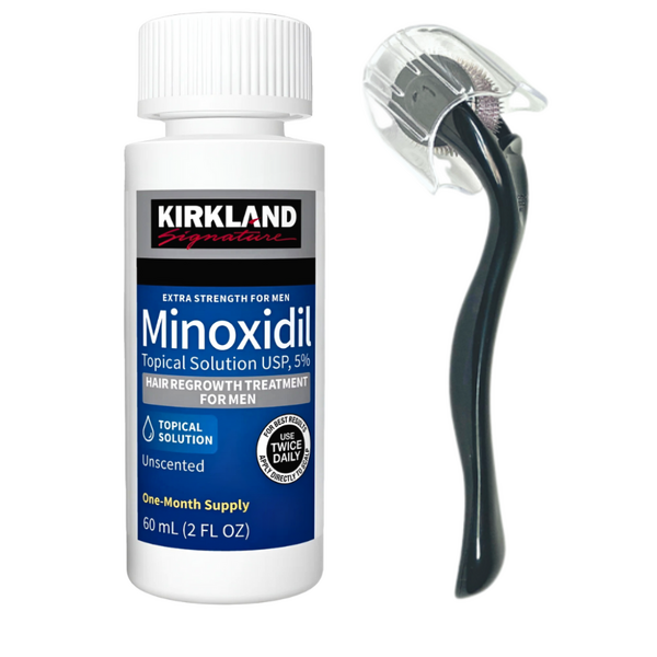 Minoxidil Kirkland 5%, 1 Luna Aplicare, Dermaroller Cu Capac Protector, Tratament Pentru Cresterea Parului / Barbii