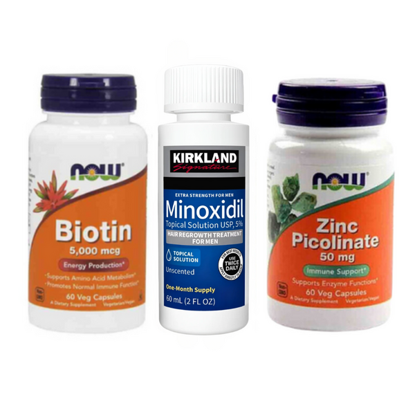 Minoxidil Kirkland 5% + Zinc Picolinate, 50 mg, Now, 60 capsule + Biotin 5000 mcg, 60 capsule,Tratament pentru barba/scalp
