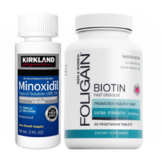 Minoxidil Kirkland 5% + Biotin Foligain10,000 mcg cu dizolvare rapida, (aroma de cireșe) 60 capsule, Tratament pentru barba/par