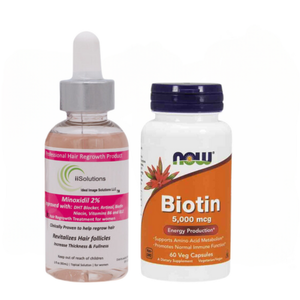 Minoxidil iiSolutions 2%, Pentru Femei, 1 Luna Aplicare, Now Biotin 5000 mcg, 60 capsule, Tratament Impotriva Caderii Parului La Femei