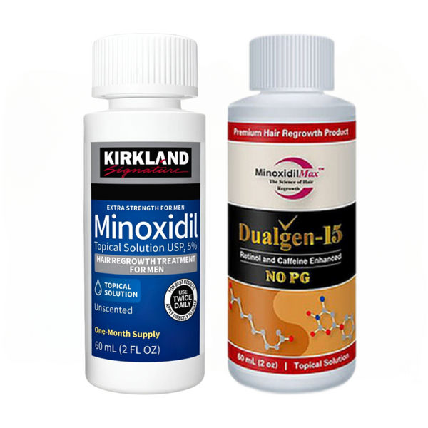 Minoxidil Dualgen 15% fara PG + Minoxidil Kirkland 5%, 2 luni aplicare, Tratament Pentru Barba / Scalp