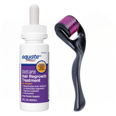 Minoxidil Equate 2% + Dermaroller, Pentru Femei, 1 Luna Aplicare, Tratament Impotriva Caderii Parului, Pipeta Inclusa