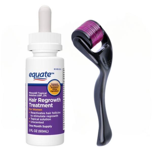 Minoxidil Equate 2% + Dermaroller, Pentru Femei, 1 Luna Aplicare, Tratament Impotriva Caderii Parului, Pipeta Inclusa