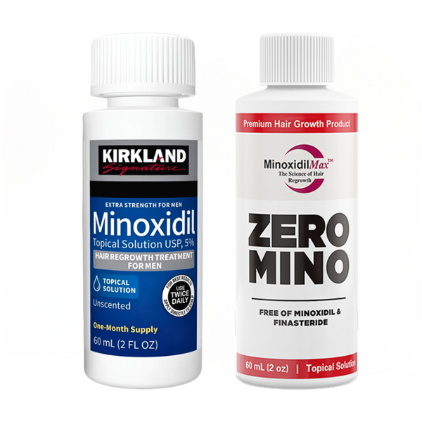 Set Complet pentru Creșterea Bărbii și Părului: MinoxidilMax Zero Mino și Minoxidil Kirkland 5% - Tratament Eficient pentru 1 Lună