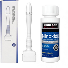 Set Creștere Barba și Păr: Minoxidil Kirkland 5% + Derma Stamp 140 Ace, Marimi Reglabile (0.5mm - 3mm)