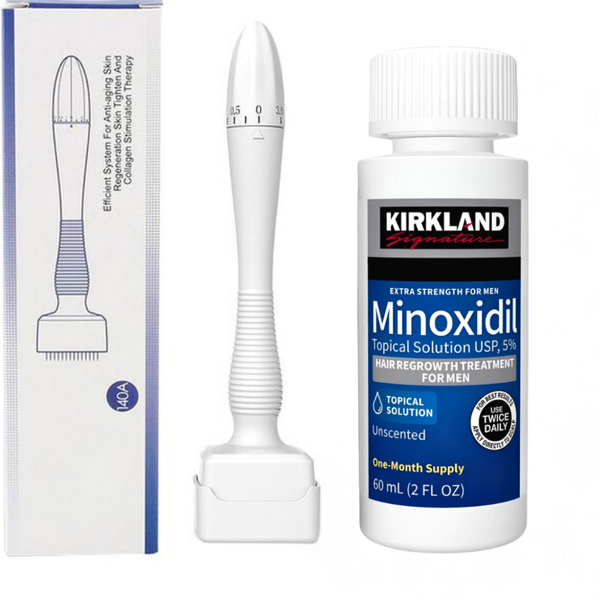 Set Creștere Barba și Păr: Minoxidil Kirkland 5% + Derma Stamp 140 Ace, Marimi Reglabile (0.5mm - 3mm)