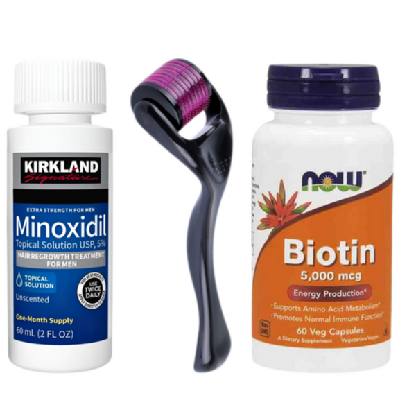 Kit Creștere Barba și Păr: Minoxidil 5%, Dermaroller și Biotină 5000 mcg - Tratament 1 Lună